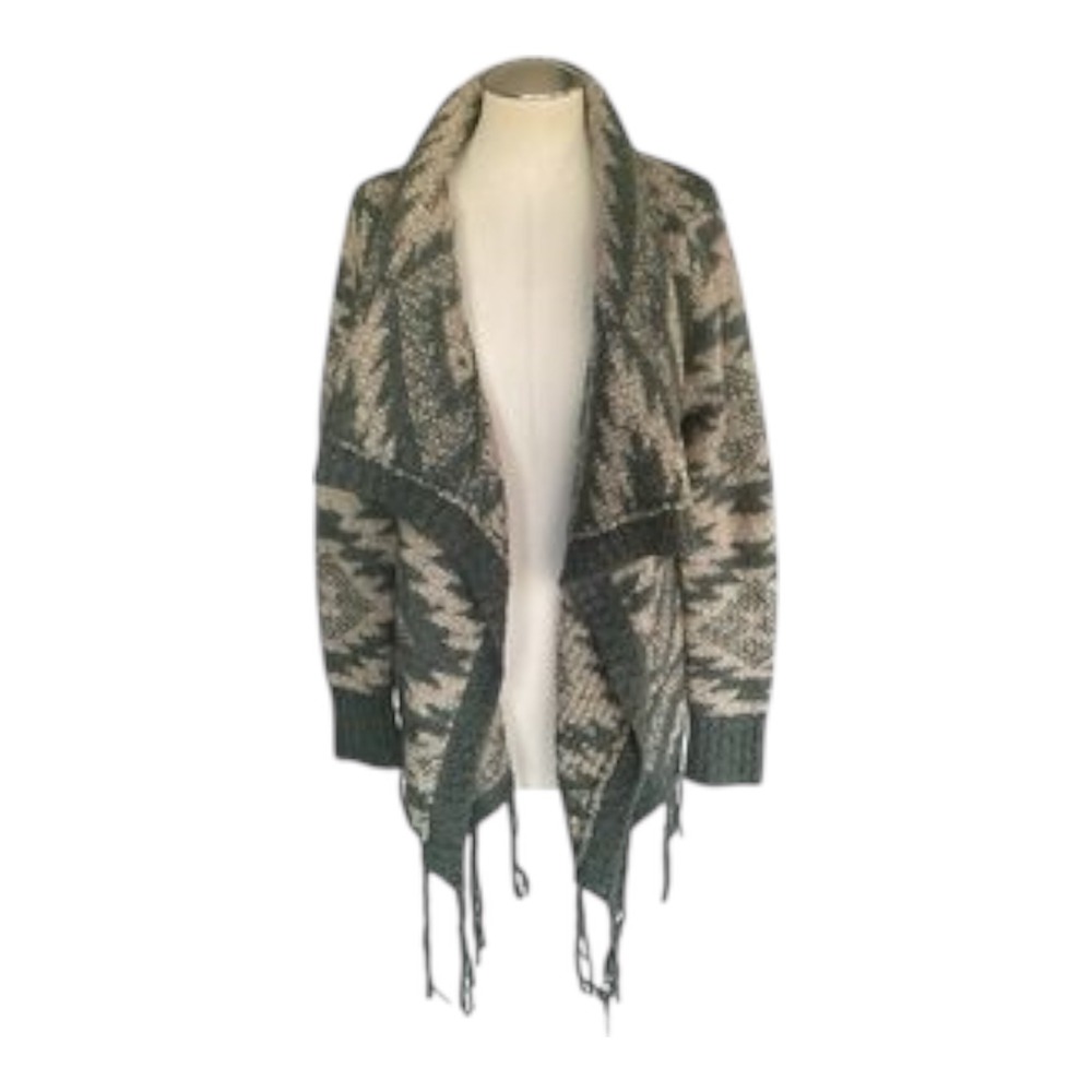 Miss Me Southwestern Fringe Cardigan Sweater Grey Tan Geometric Open Front Large